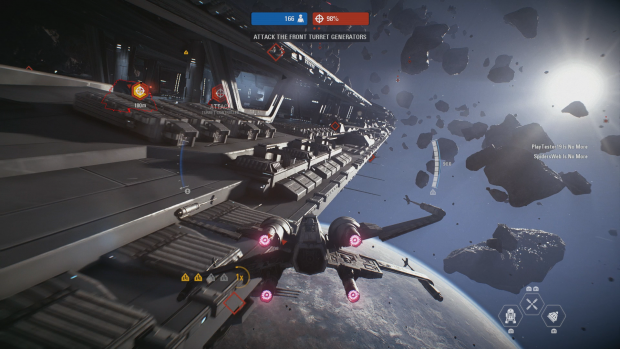 Den Sternenzerstörer greifen wir im Verbund mit anderen X-Wing an. (Bild: EA/Screenshot: Golem.de)